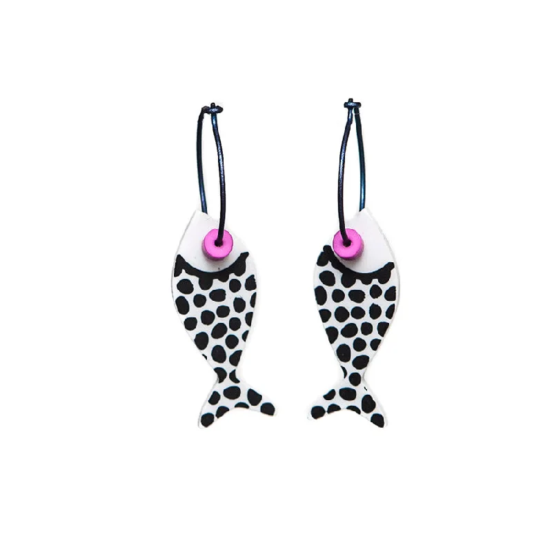 Ladies celebratory glow earrings -Lene Lundberg K-Form Black and White Fish Earrings