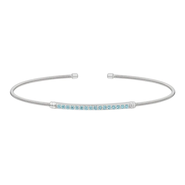 Ladies Bracelets for Holiday Glow-Rhodium Finish Sterling Silver Cable Cuff Bracelet with Simulated Aquamarine Birth Gems - March