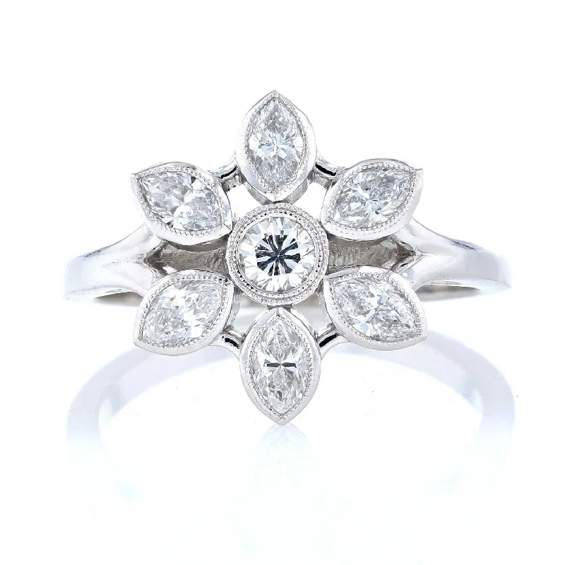 Filigree charm engagement rings -White Gold Diamond Flower Milgrain Engagement Ring