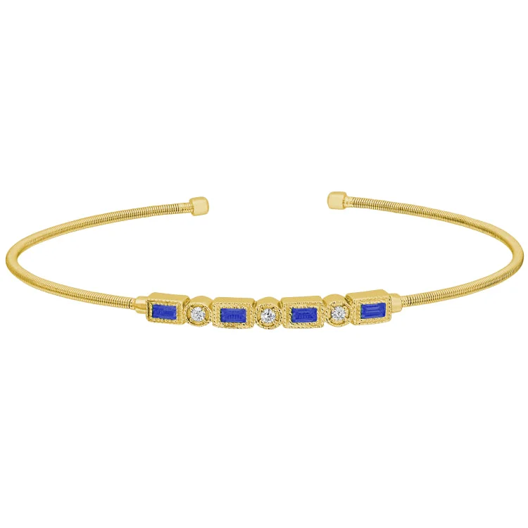 Ladies Bracelets Sterling Shine-Gold Finish Sterling Silver Cable Cuff Bracelet with Simulated Sapphires and Simulated Diamonds