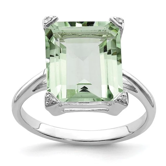 Ladies slender band rings -Sterling Silver 12mm Green Quartz Prasiolite Diamond Ring