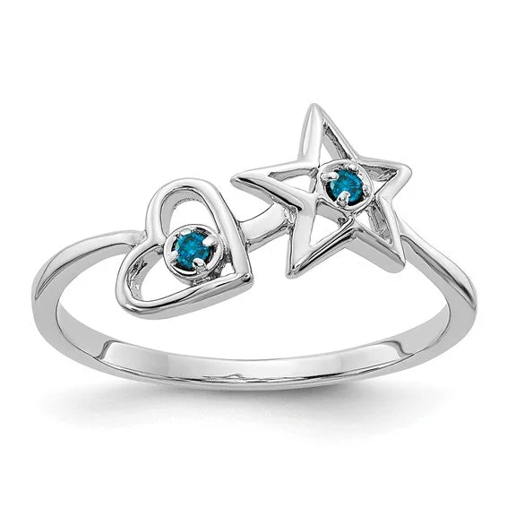 Ladies daring edge rings -14k White Gold Blue Diamond Heart and Star Ring