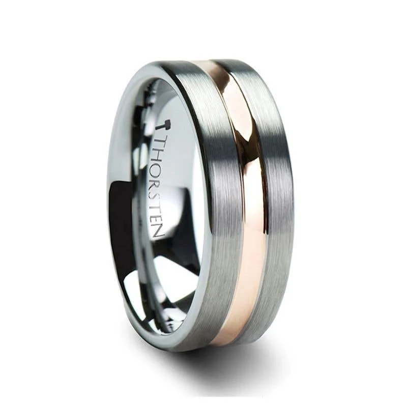 Ladies confident shine rings -Thorsten ZEUS Flat Brushed Finish Tungsten Carbide Ring with Rose Gold Plated Groove - 4mm - 10mm