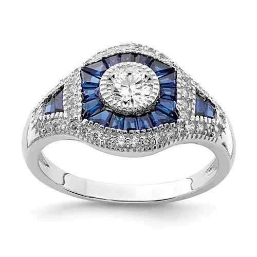 Ladies luminous crystal rings -Sterling Silver Created Blue Spinel And CZ Ring