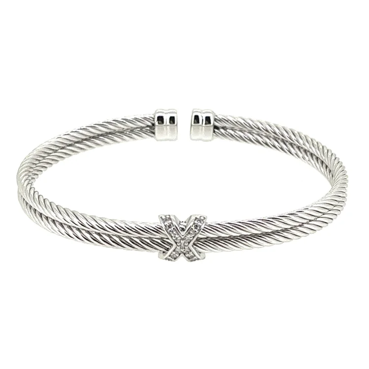 Ladies Bracelets with Heart Spark-Rhodium Finish Sterling Silver Twisted Double Cable Cuff  Bracelet With a Rhodium Finish X with Simulated Diamonds