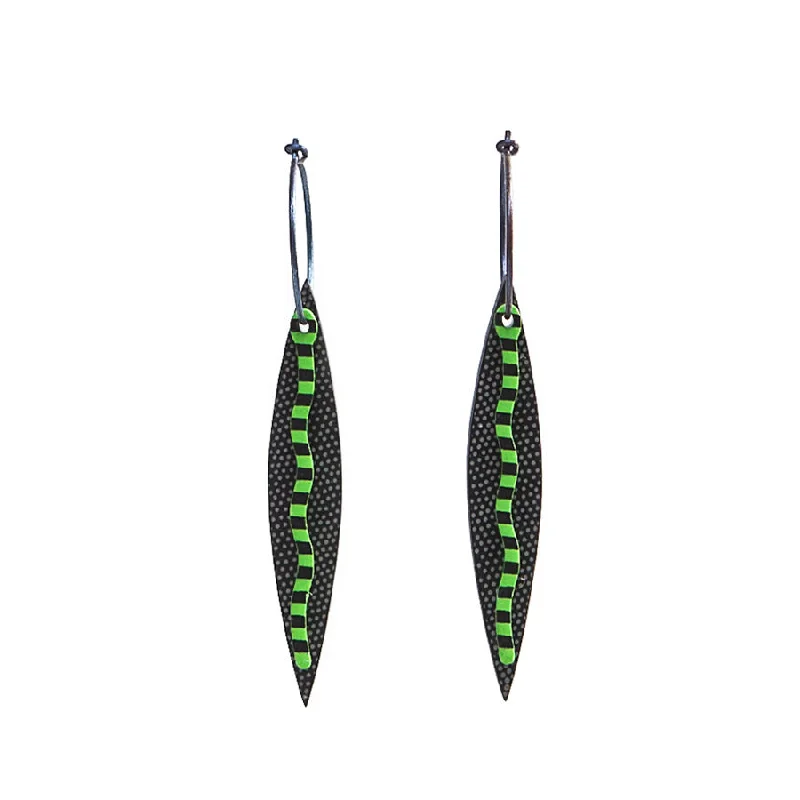 Ladies handcrafted artisan earrings -Lene Lundberg Narrow Double Black/Green Leaf Earrings