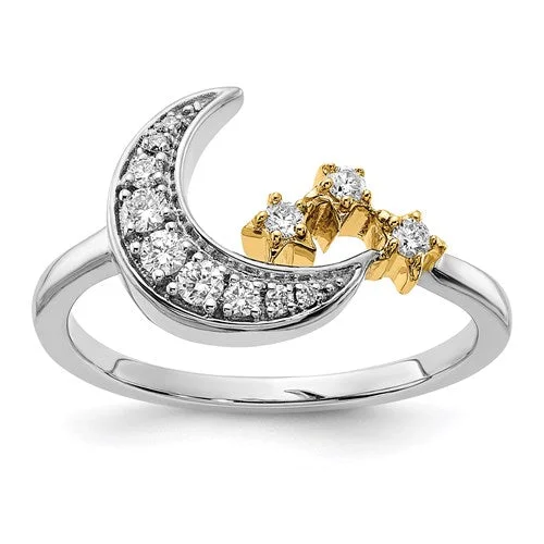 Ladies carefree boho rings -14k White and Yellow Gold Moon with Stars Diamond Ring