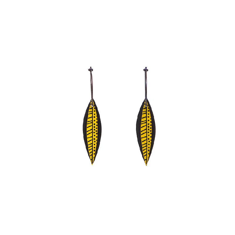 Ladies enduring classic earrings -Lene Lundberg K Form Chartreuse/Black Thin Veined and Spotted Leaf Earrings