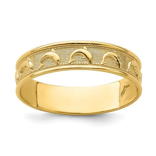 Ladies bespoke custom rings -14K Yellow Gold Dolphin Engraved Polished and Textured Thumb Ring