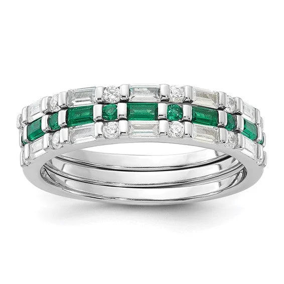 Ladies cultural heritage rings -Sterling Silver Imitation Emerald and CZ 3 Ring Set