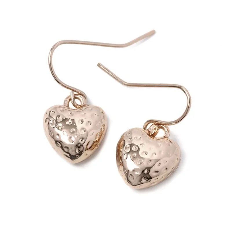 Ladies deep onyx earrings -Pom Rose Gold Plated Hammered Heart Drop Earrings