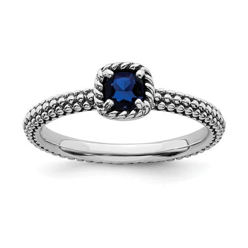 Ladies pristine white rings -Sterling Silver Stackable Expressions Created Blue Sapphire Cushion Ring