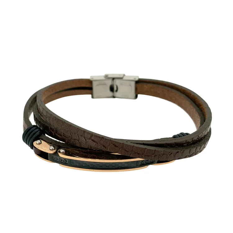 Ladies Bracelets with Wave Glow-Brown Leather 3 Cord Bracelet With Central Gold And Black Steel Bar