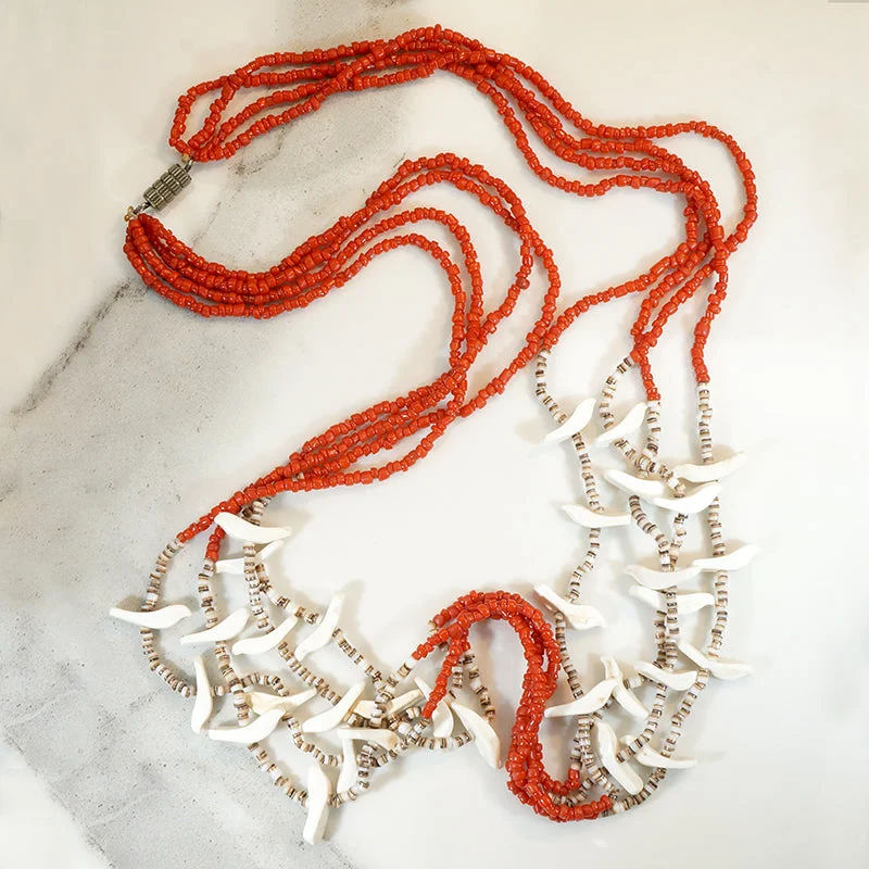 Ladies Necklaces Bold Spark-White Birds on Red Glass Bead Fetish Necklace