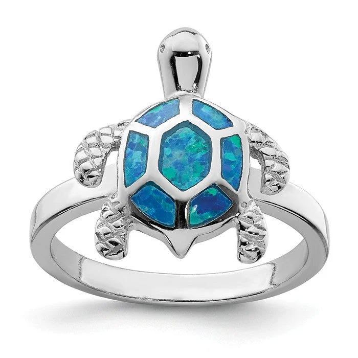 Ladies harmonious blend rings -Sterling Silver Created Blue Opal Turtle Ring