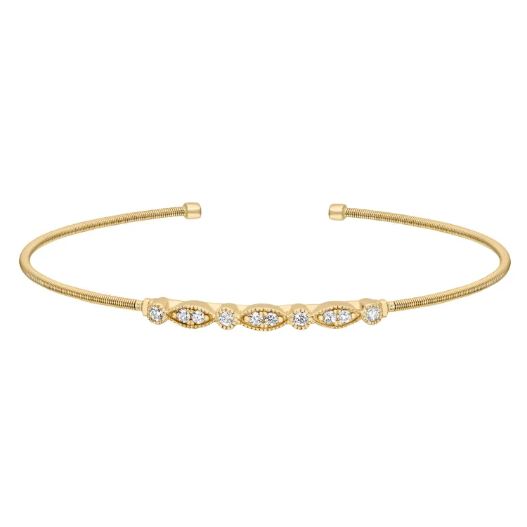 Ladies Bracelets with Square Glow-Gold Finish Sterling Silver Cable Cuff Bracelet with Simulated Diamond Marquis & Round Design