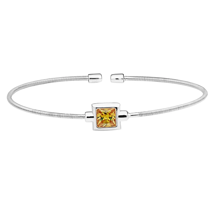 Ladies Bracelets for Gala Shine-Rhodium Finish Sterling Silver Cable Cuff Bracelet with Princess Cut Simulated Citrine Birth Gem