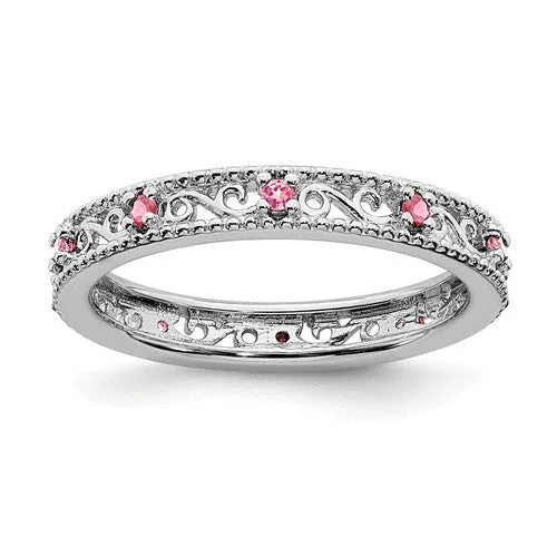 Ladies faithful mark rings -Sterling Silver Stackable Expressions Created Pink Sapphire Filigree Ring