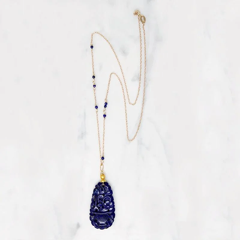 Ladies Necklaces Polished Spark-Magnificent Carved Lapis & Gold Necklace by brunet