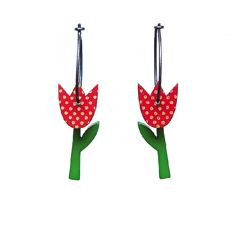 Ladies birthstone flash earrings -Lene Lundberg K-Form Red Spotty Tulip Earrings