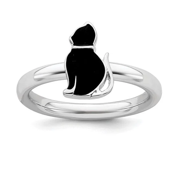 Ladies gritty punk rings -Sterling Silver Stackable Expressions Black Enameled Cat Ring