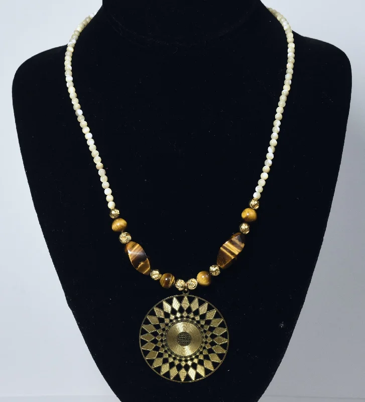 Ladies Necklaces with Golden Amber-Carved Shell Bead, Brass and Tiger's Eye Necklace with Brass Pendant