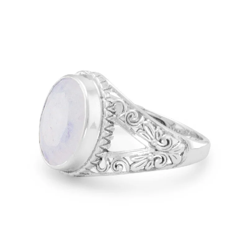 Ladies hushed calm rings -Sterling Silver Ornate 12mm Oval Rainbow Moonstone Ring