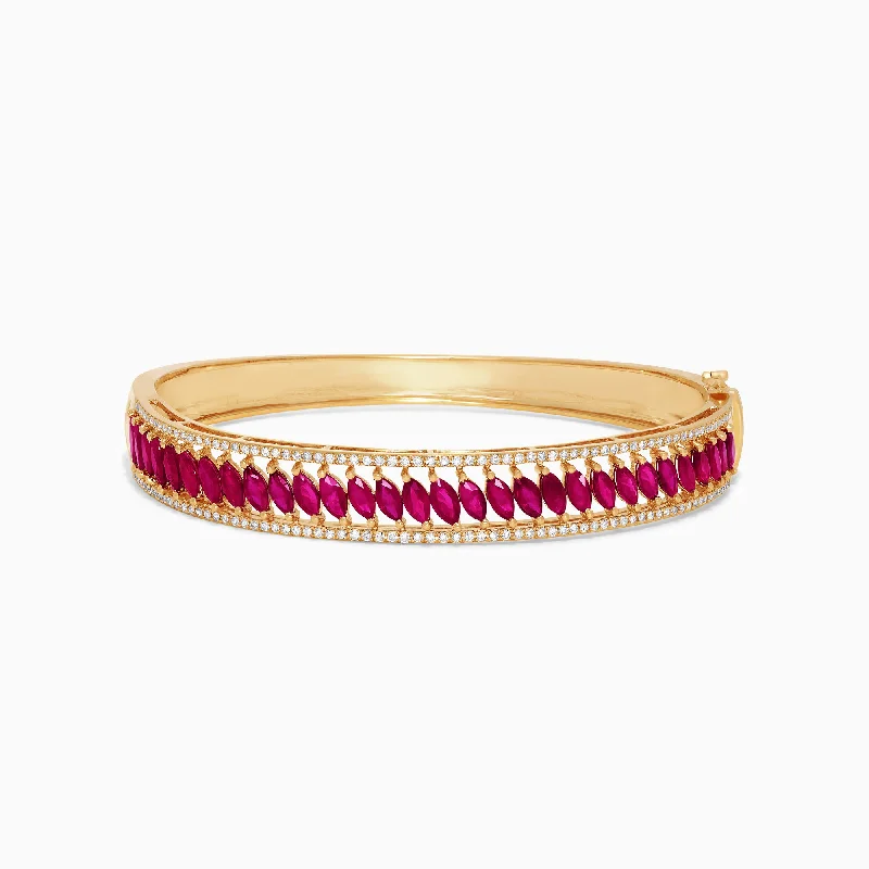 Ladies Bracelets for Elder Shine-Ruby Royale 14K Yellow Gold Marquise Cut Ruby and Diamond Bangle, 6.25 TCW