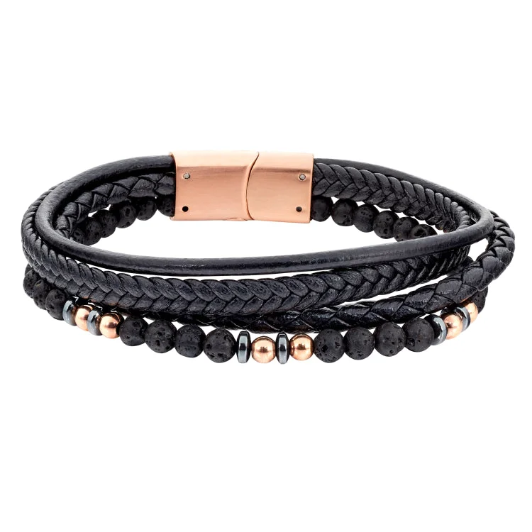 Ladies Bracelets with Lotus Shine-Black Leather 4 Cord Bracelet With Rose Gold And Black Beads