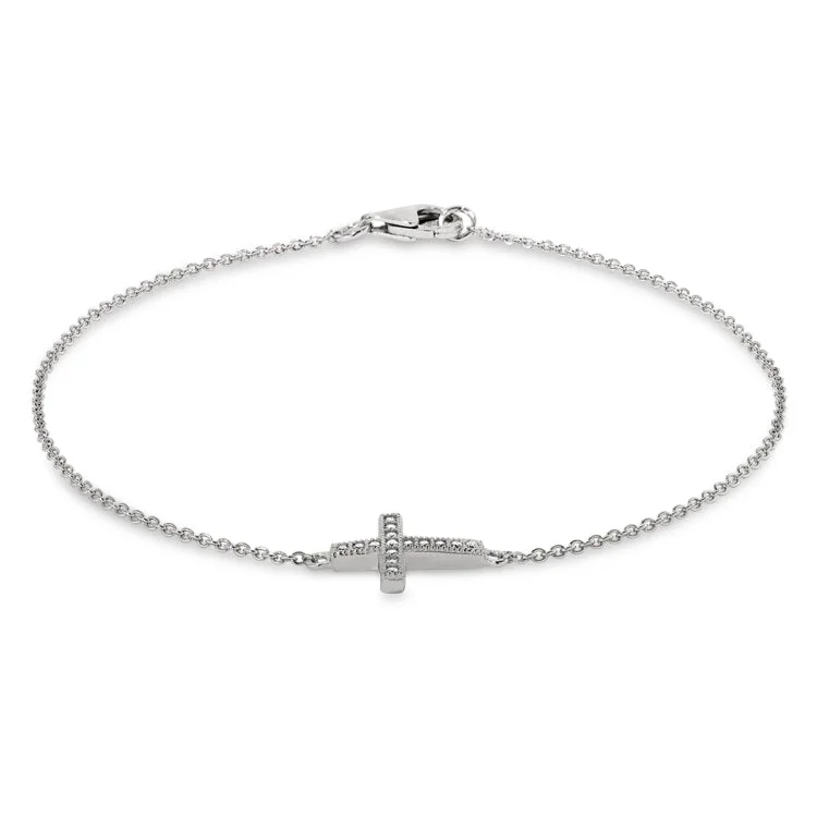 Ladies Bracelets with Wing Spark-Platinum Finish Sterling Silver Micropave Cross Adjustable Bracelet with Simulated Diamonds 6.5" - 7.25" Cable Chain