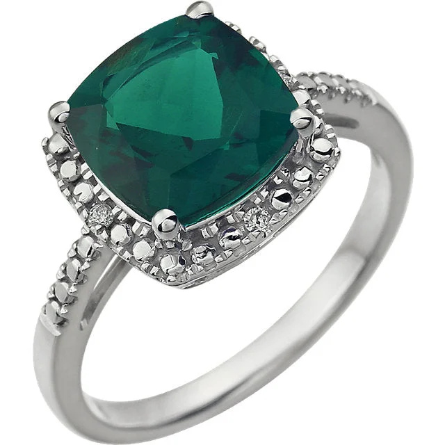 Ladies urban pulse rings -14k White Gold 9mm Cushion Cut Created Emerald & Diamond Halo-Style Ring