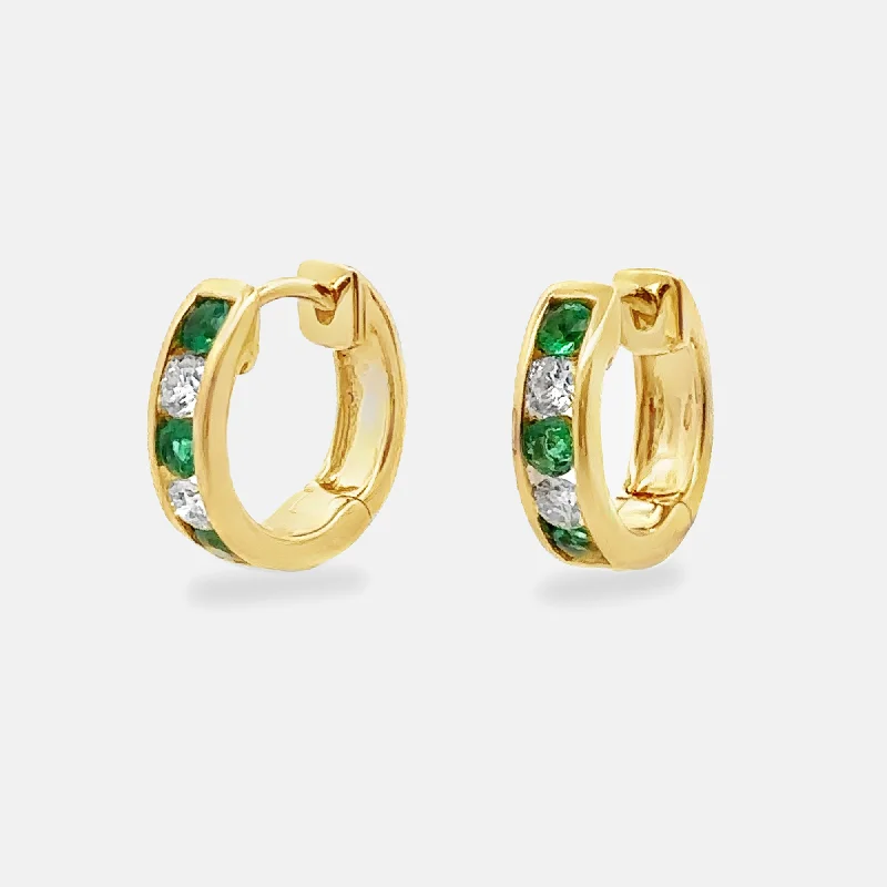 Ladies solar burst earrings -Emerald & Diamond Channel Set Huggie Earrings