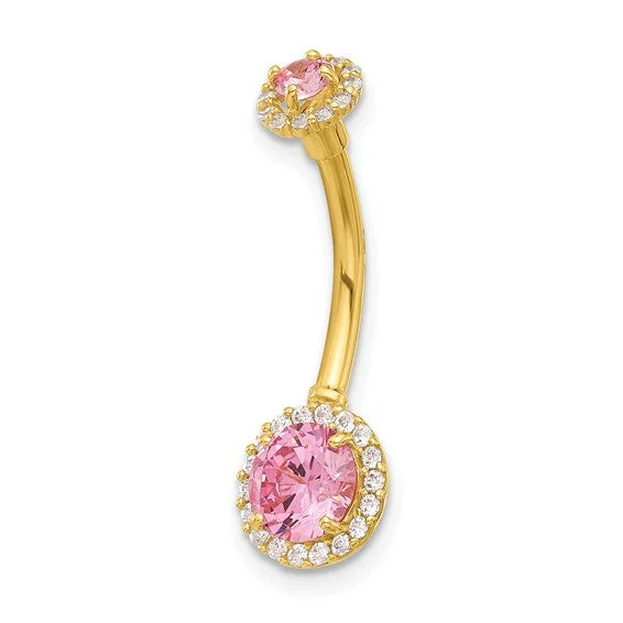 Ladies refined sleek rings -14K Gold 14 Gauge Polished Pink and White CZ Navel / Belly Ring