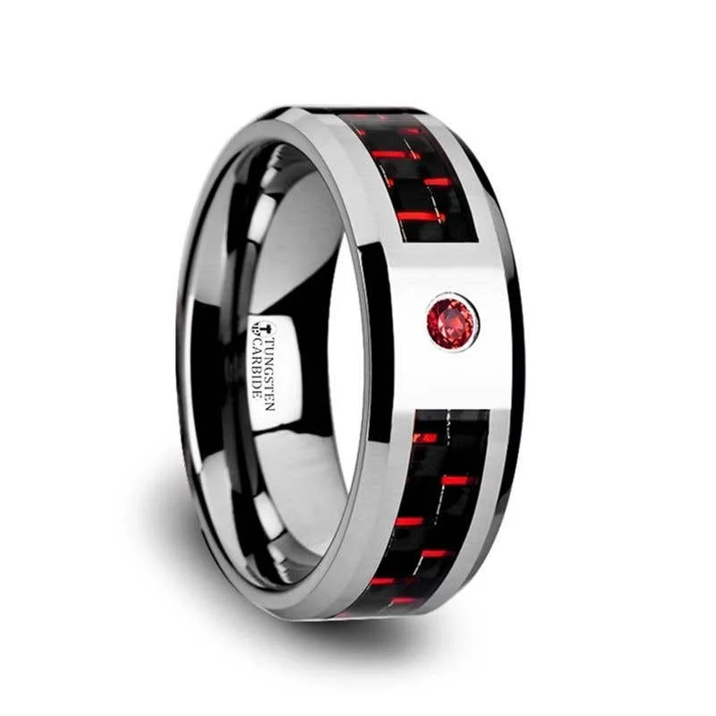 Ladies family tie rings -Thorsten ADRIAN Tungsten Carbide Ring with Black and Red Carbon Fiber and Red Ruby Setting with Bevels - 8mm