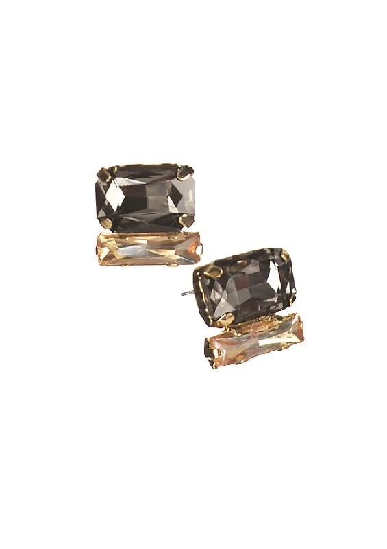 Ladies triangle drop earrings -Hot Tomato Beguiling Baguette Cut Double Stud Earrings - Black Diamond & Topaz