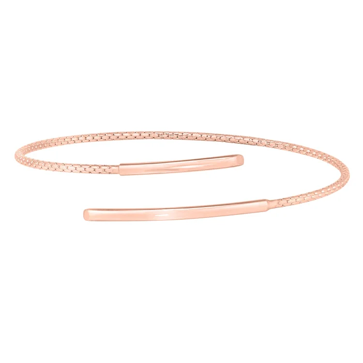 Ladies Bracelets Light Spark-Rose Gold Finish Sterling Silver Corean Cable Cuff Bracelet with a Polished Bar on Each End.