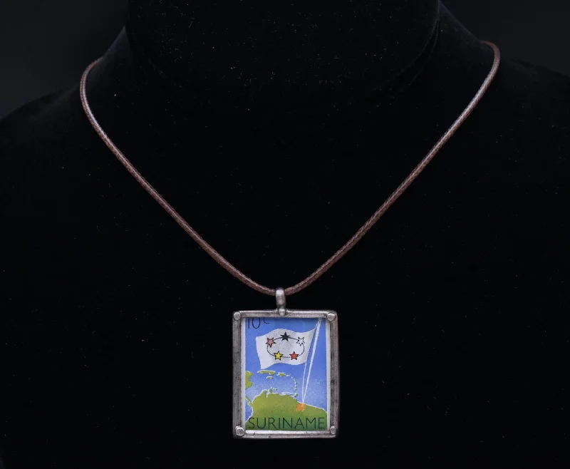 Ladies Necklaces with Yellow Sanidine-Vintage 1960 Suriname Stamp Sterling Silver Pendant Necklace