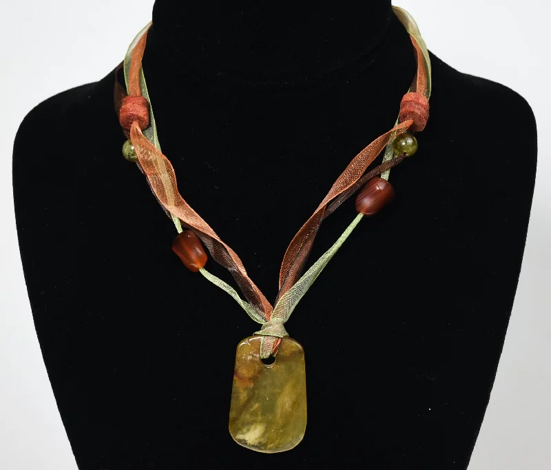 Ladies Necklaces with White Phenakite-Yellow Jade, Citrine, Carnelian, Red Coral Pendant Ribbon Necklace