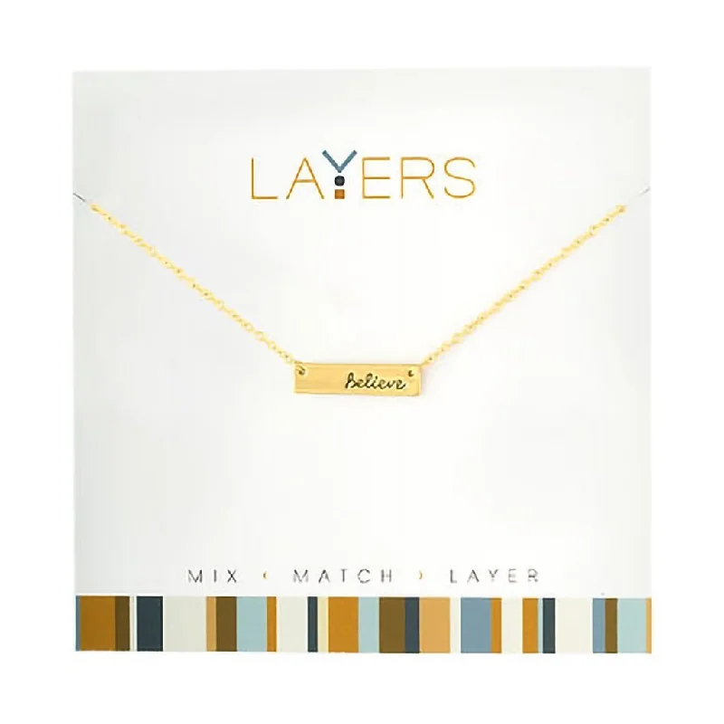 Ladies Necklaces with Pink Vivianite-Center Court : Gold "Believe" Tag Layers Necklace