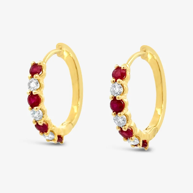 Ladies sleek climber earrings -Ruby & Diamond Small Hoop Earrings