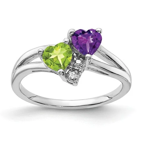 Ladies woodland whisper rings -Sterling Silver Amethyst Peridot Double Heart and Diamond Accent Ring