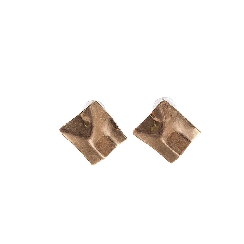 Ladies glowing warmth earrings -Hot Tomato Crumpled Squares in Worn Gold Stud Earrings