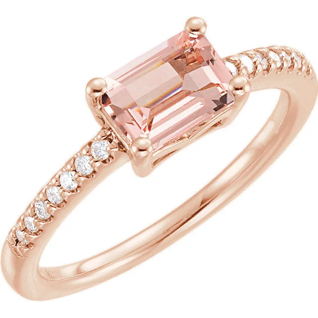 Ladies satin sheen rings -14k Rose Gold Rectangular Octagon Morganite & 1/10 CTW Diamond Ring