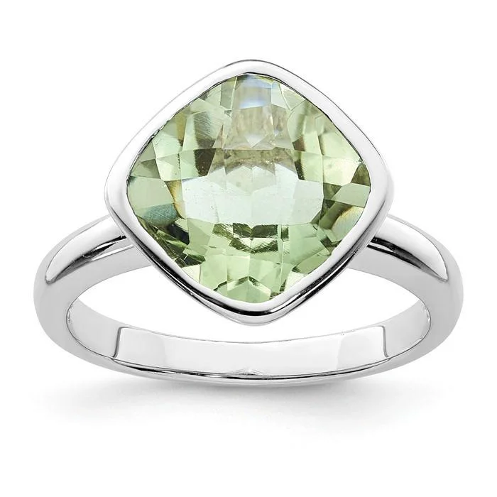 Ladies evening radiance rings -Sterling Silver Bezel Set Cushion Green Quartz Prasiolite Ring