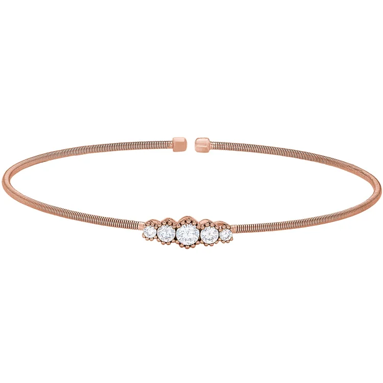 Ladies Bracelets with Crescent Shine-Rose Gold Finish Sterling Silver Cable Cuff Bracelet with Graduated Five Stone Simulated Diamonds