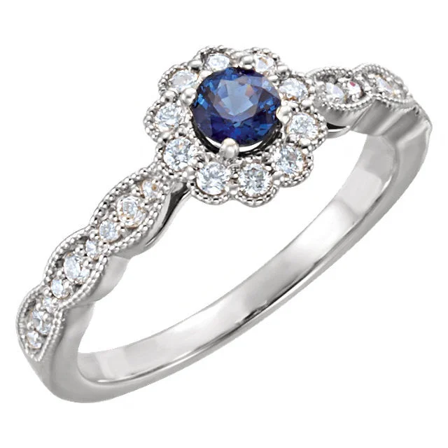 Ladies birthstone flash rings -14k Gold Round Blue Sapphire & 1/3 CTW Diamond Ring