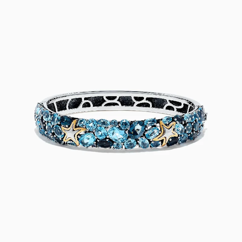 Ladies Bracelets with Etched Spark-Seaside Silver and 18K Gold Blue Topaz Starfish Bangle, 26.80 TCW