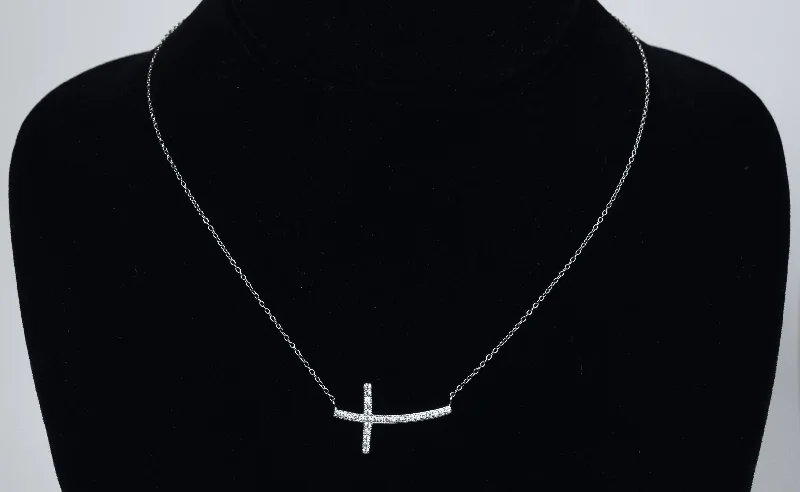 Ladies Necklaces with Heart Shine-Sterling Silver Curved Crystal Cross Necklace