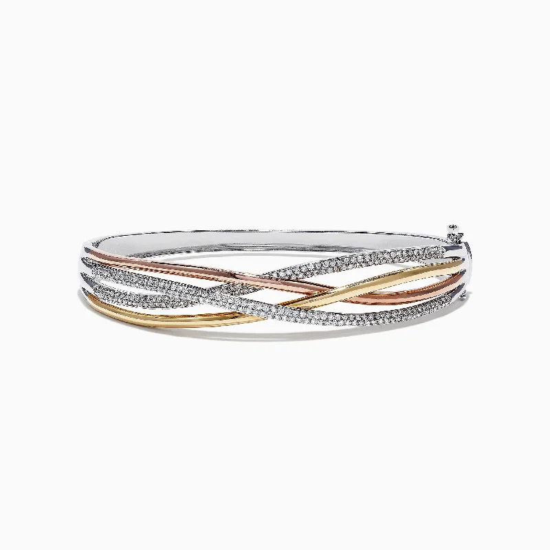 Ladies Bracelets in Warm Gold-Trio 14K Tri-Color Gold Diamond Crossover Bangle, 1.03 TCW