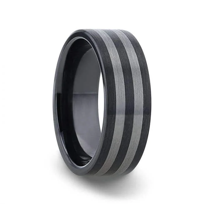 Ladies dramatic statement rings -Thorsten BETA Ceramic ring with Tungsten Inlay With Flat Brushed Edges - 8mm